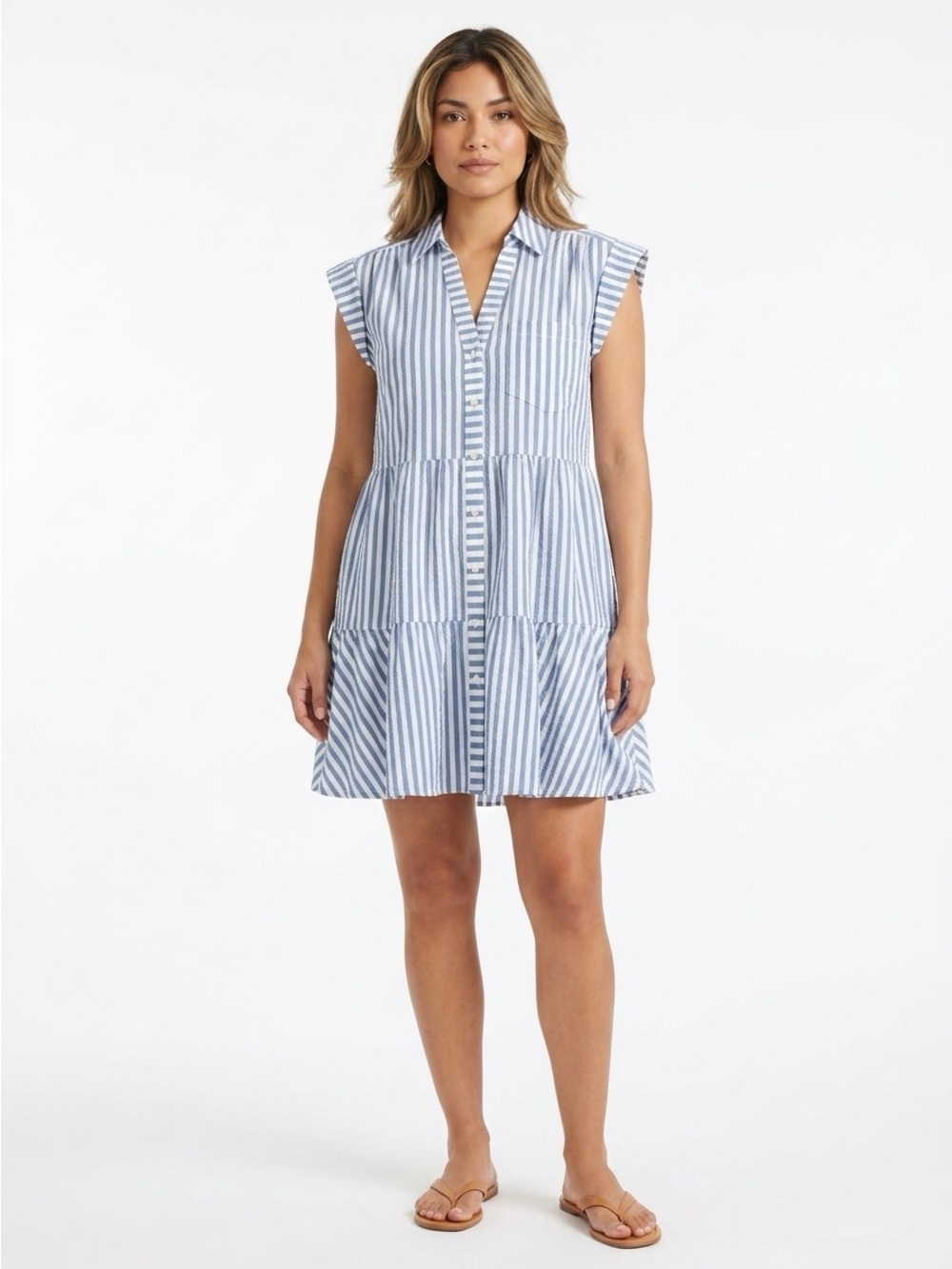 Veronica Beard Ruffle Tiered Seersucker Striped Shirt Dress Blue White XL
